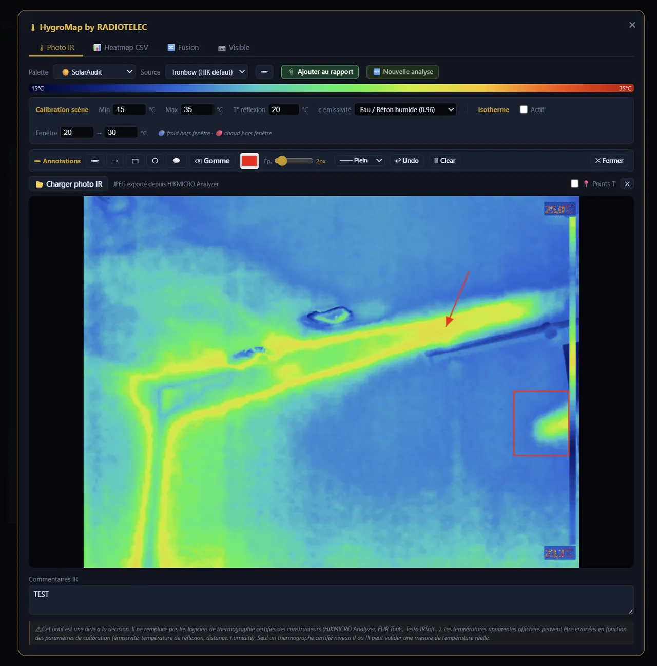 Le relevé thermographique, sur le même mur et dans le même dossier