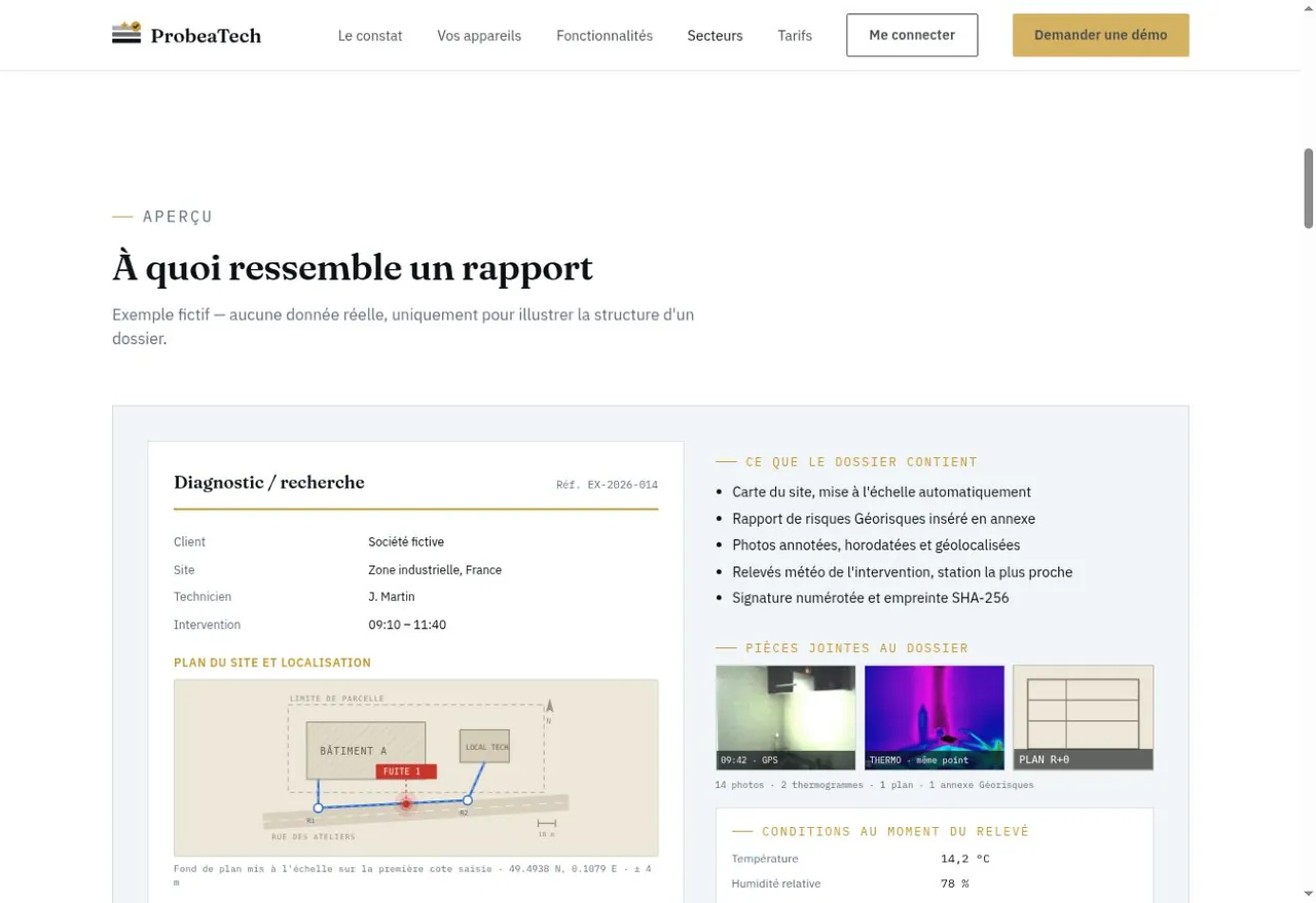 Un rapport type : photos situées, constats, annexes — exportable en Word éditable