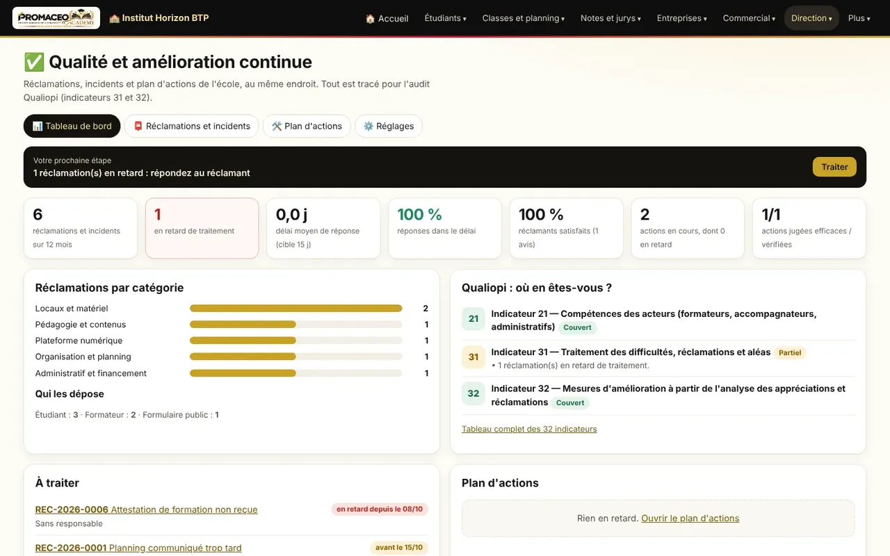 Les réclamations et les actions d'amélioration, tracées pour les indicateurs Qualiopi 31 et 32