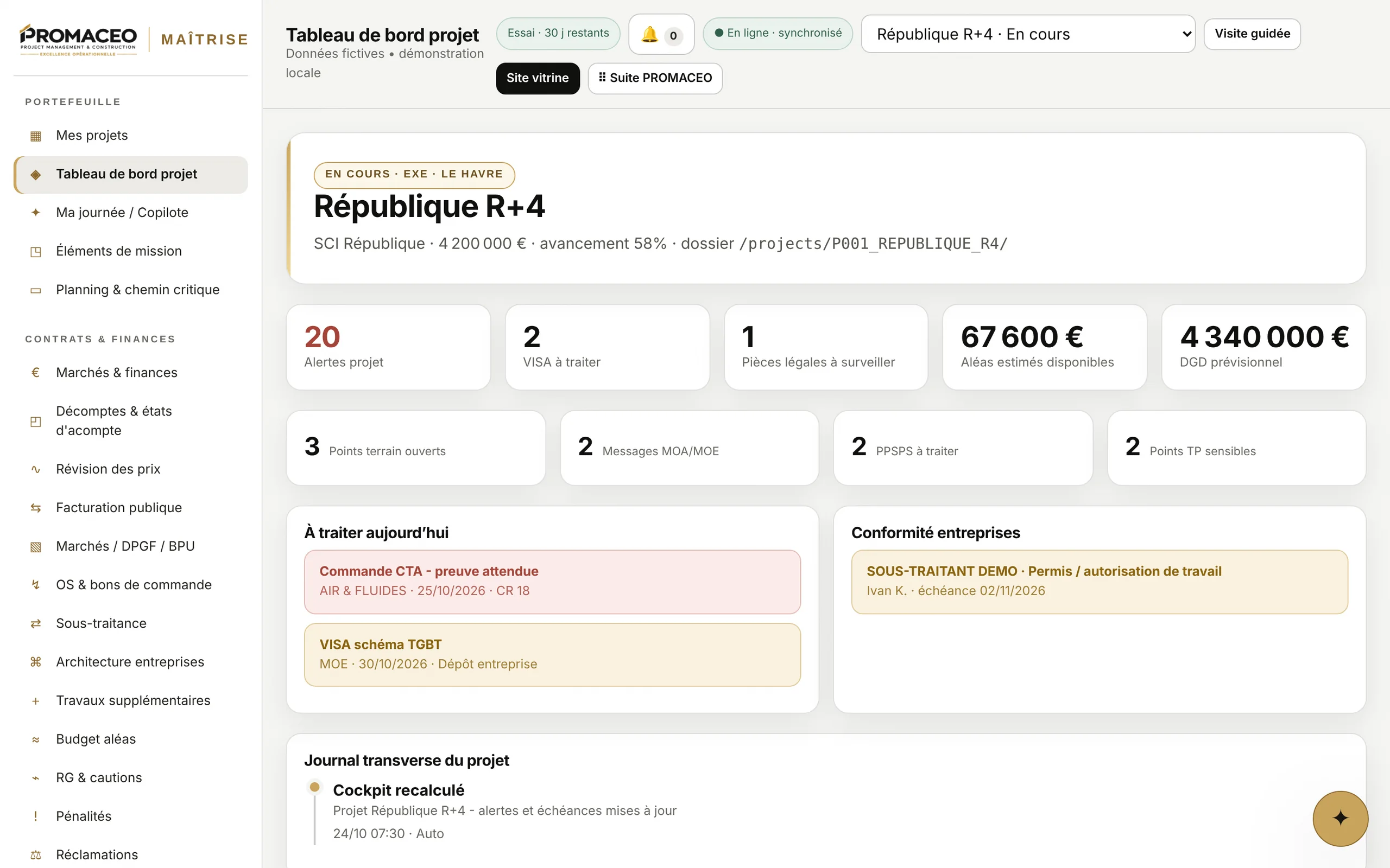 PROMACEO Maîtrise — le tableau de bord d'une affaire : alertes, pièces à traiter, décompte général prévisionnel