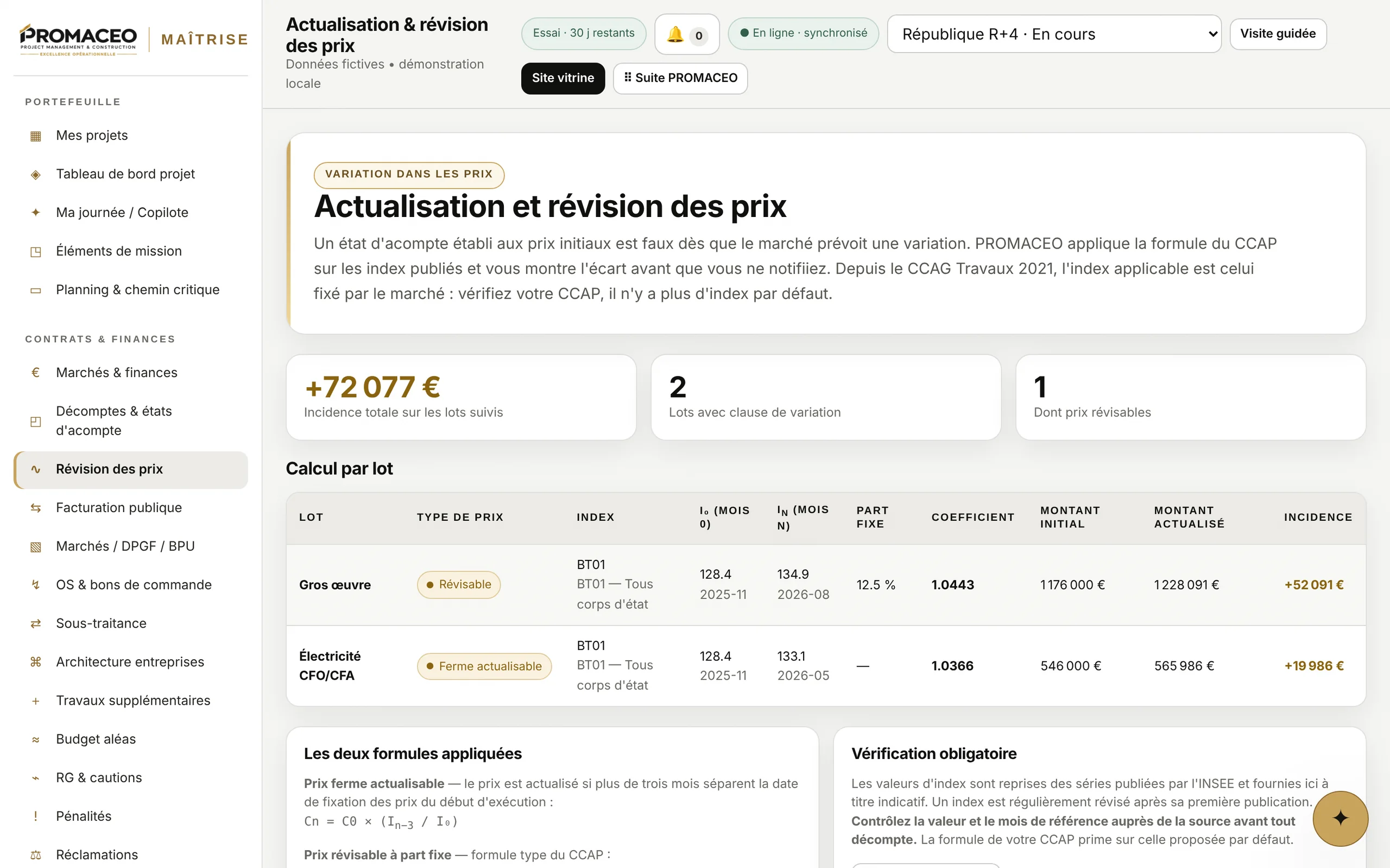 La formule du CCAP appliquee sur les index publies, avec l'incidence affichee avant notification