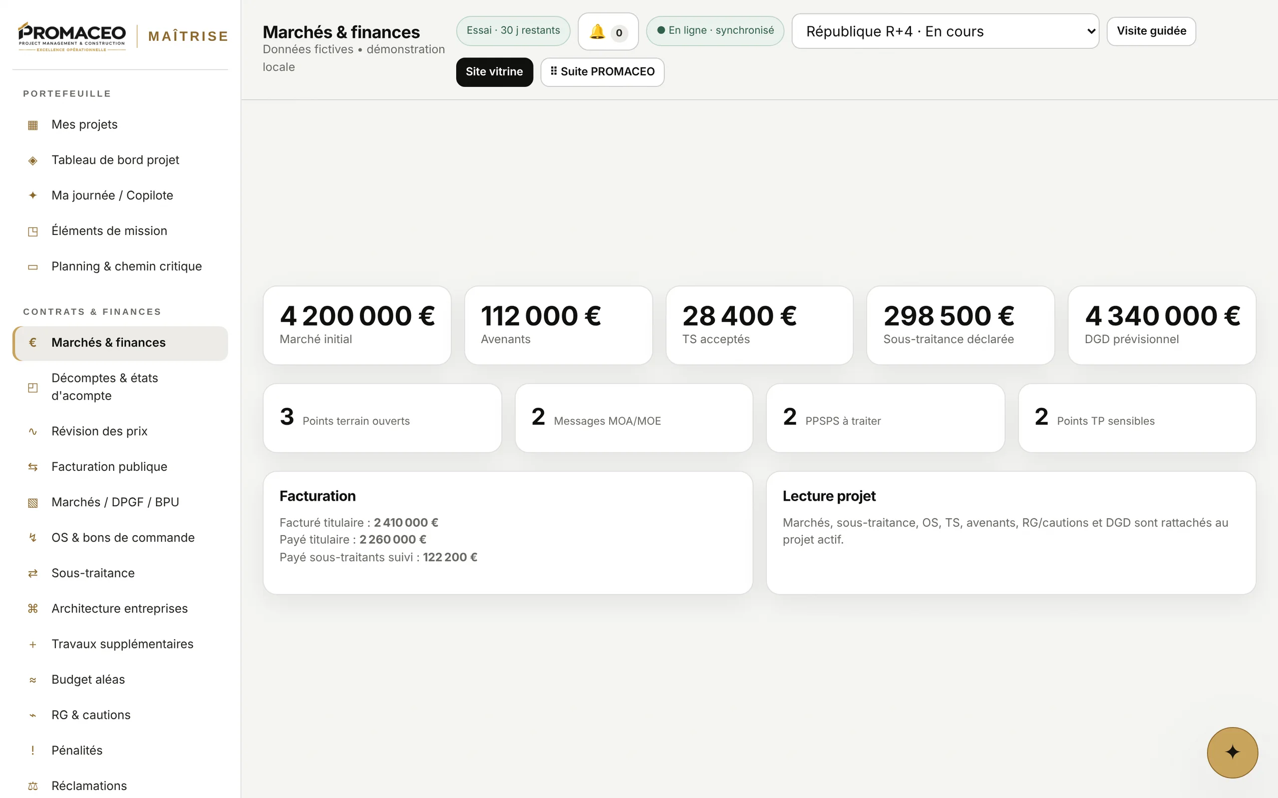 Marche initial, avenants, travaux supplementaires et decompte general previsionnel sur une seule ligne de compte