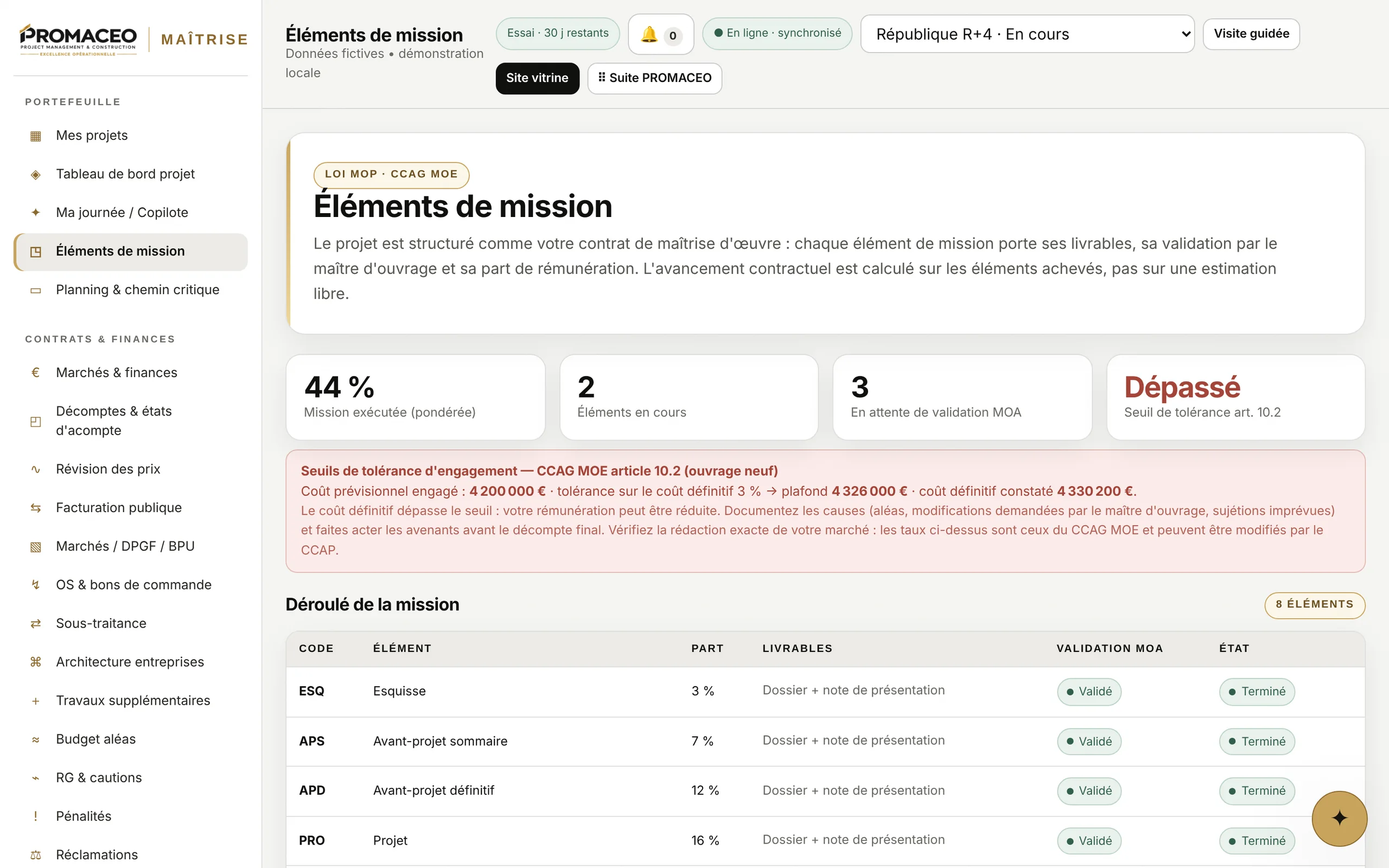 ESQ, APS, APD, PRO, ACT, VISA, DET, AOR : livrables, validations du maitre d'ouvrage et part de remuneration