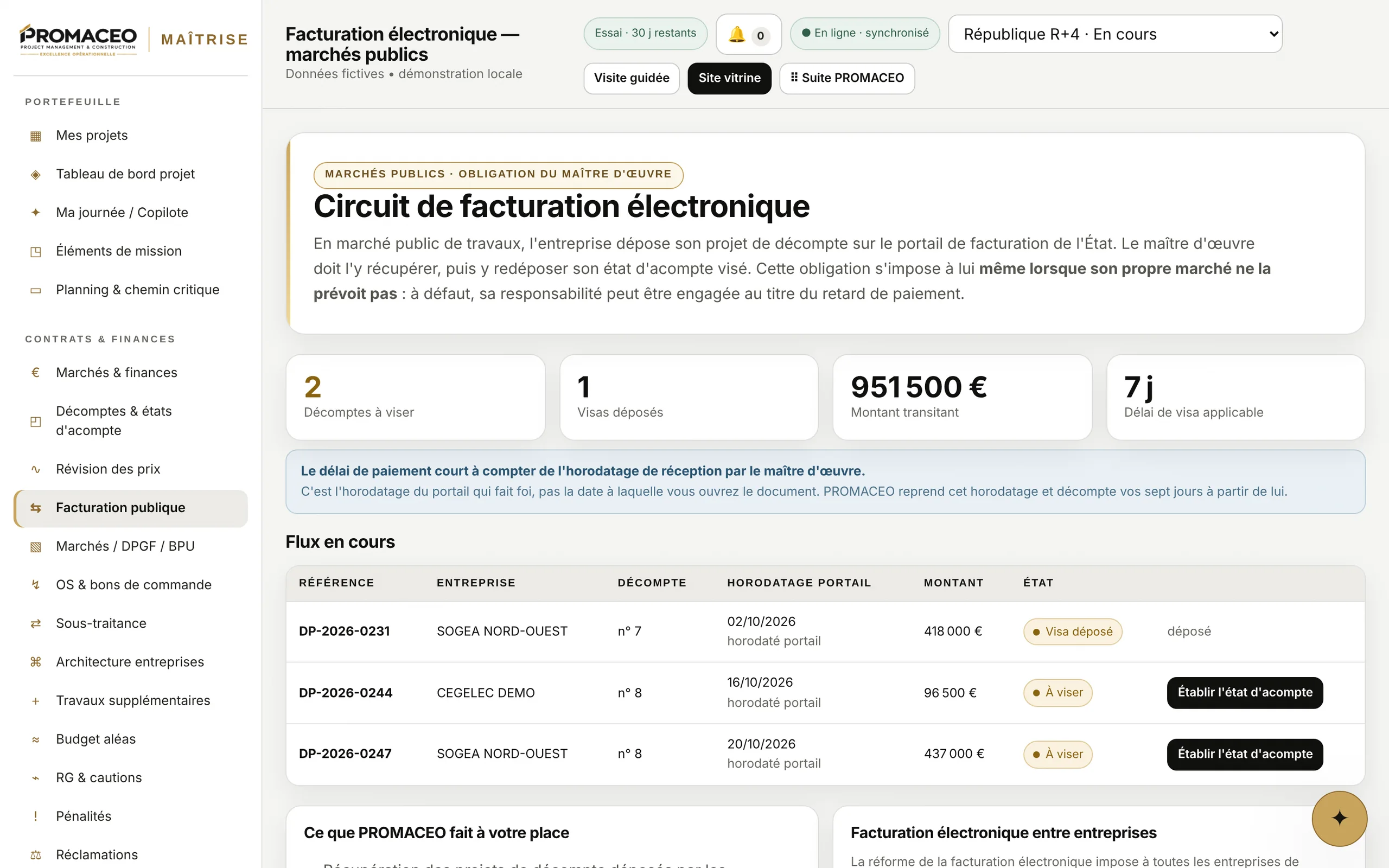 Le circuit de facturation electronique des marches publics, que le marche de maitrise d'oeuvre le prevoie ou non
