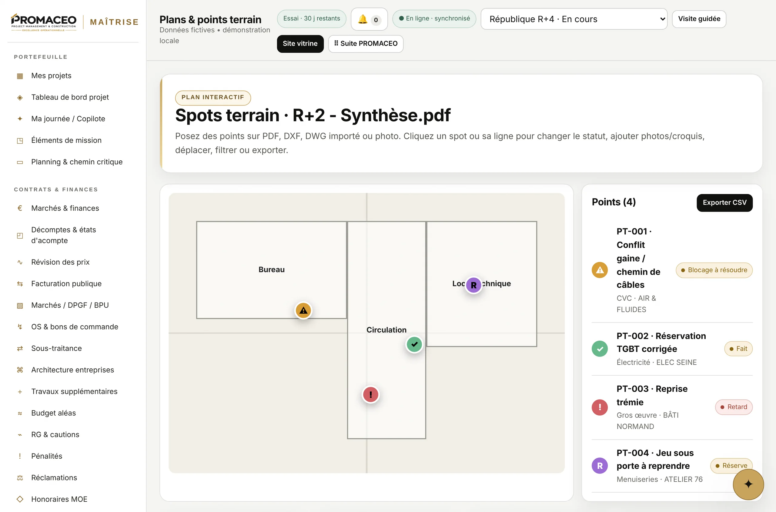 Le plan interactif : quatre points posés sur le plan du R+2, chacun avec son lot, son entreprise et son statut