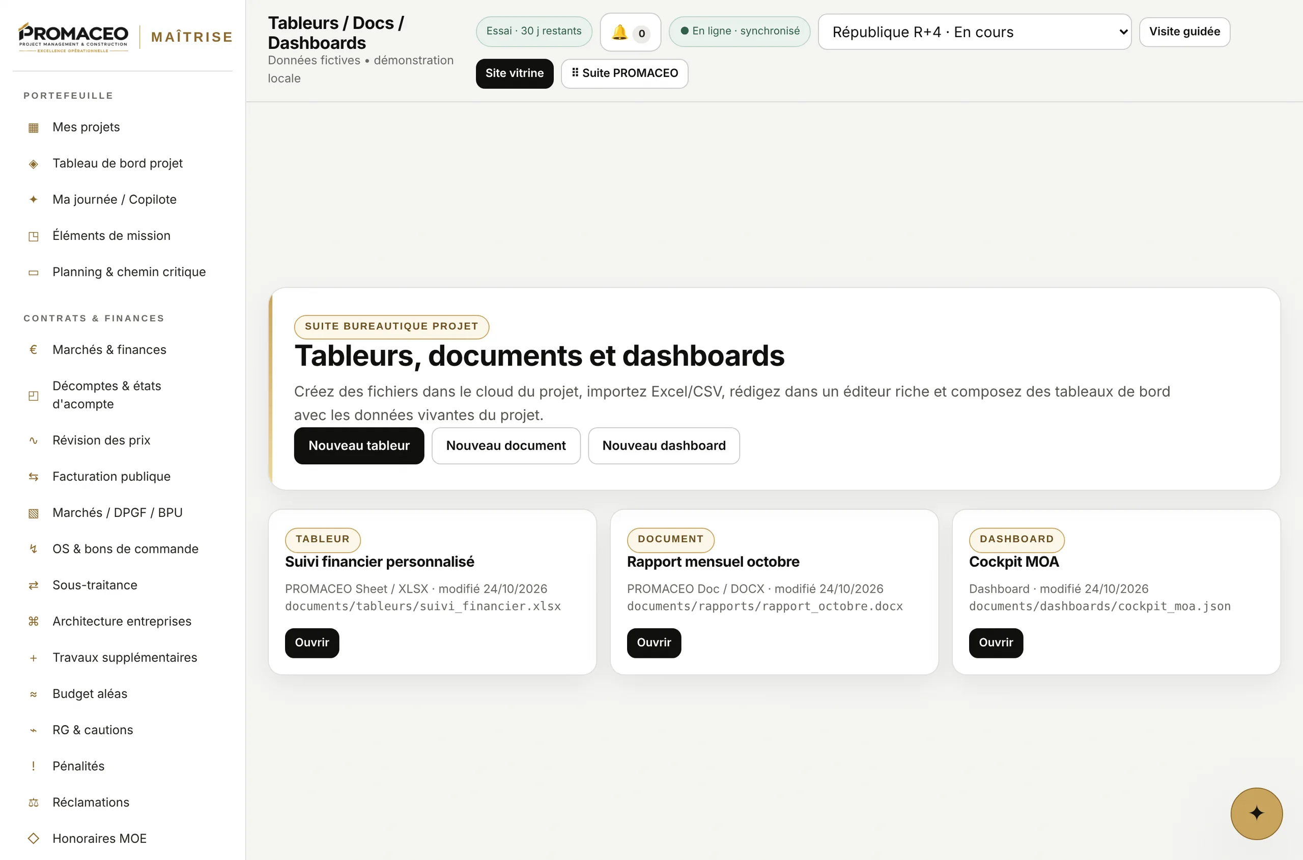 Tableurs, documents et tableaux de bord composés sur les données du projet