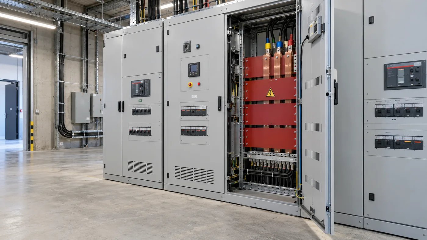 Salle de TGBT avec armoires de distribution ouvertes laissant voir les jeux de barres et les départs
