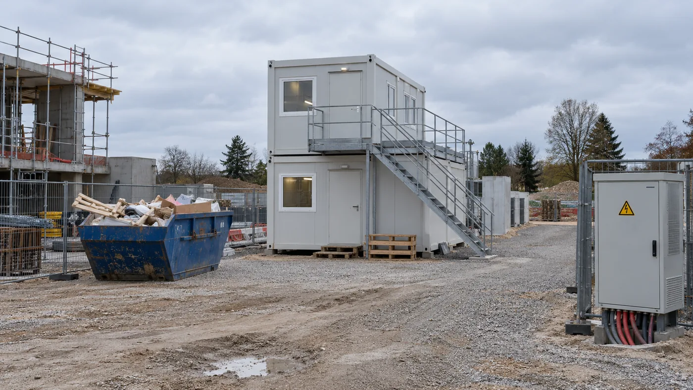 Base vie de chantier avec bungalows modulaires, benne à déchets et coffret électrique de chantier