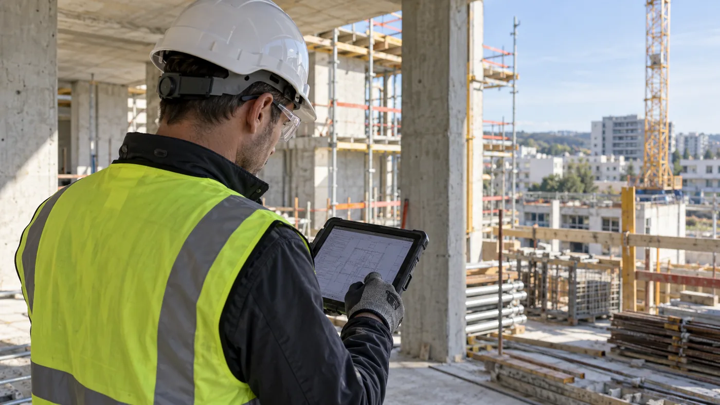 Compagnon en gilet haute visibilité consultant une tablette sur un chantier de gros œuvre