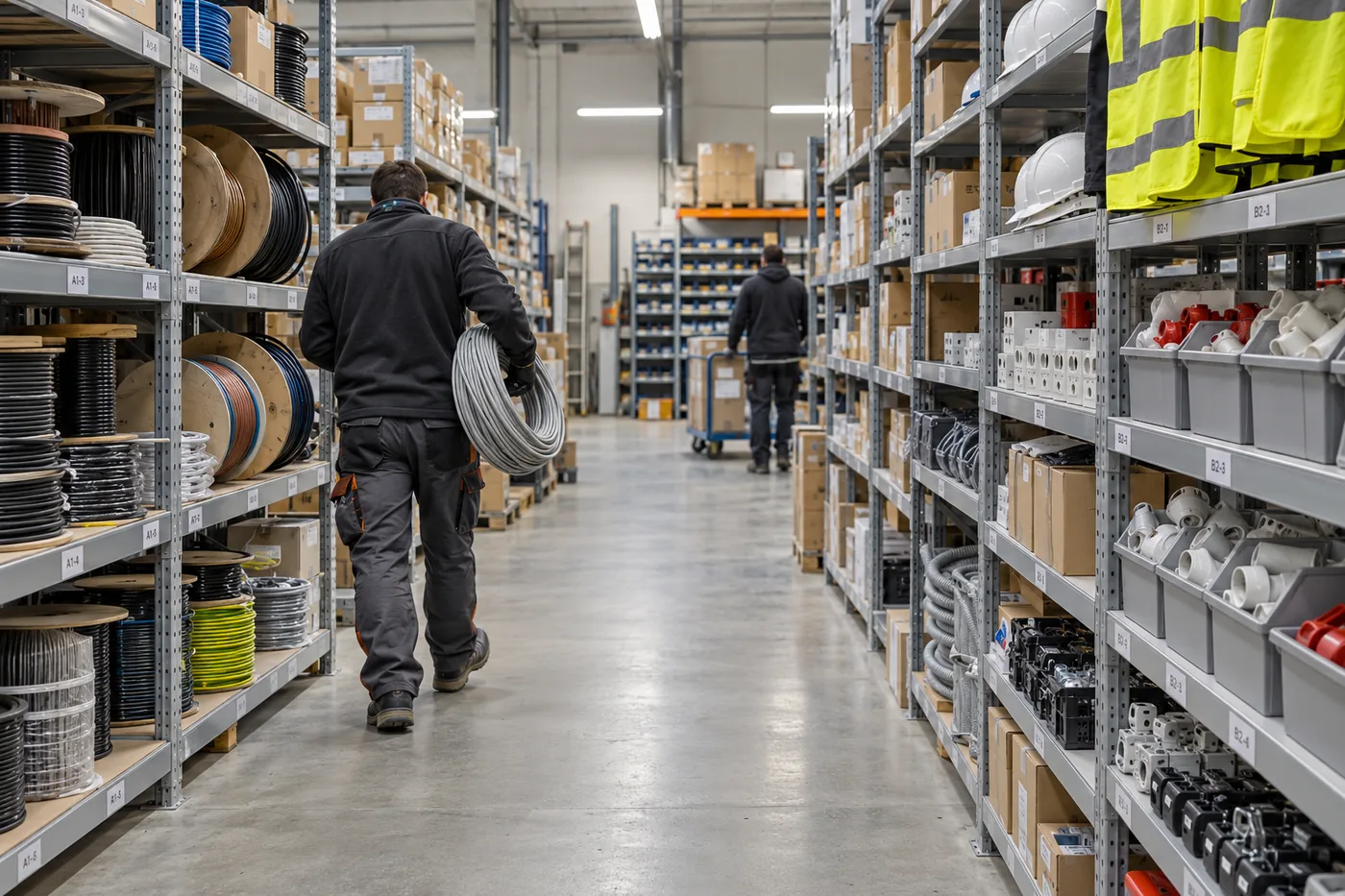 Allée de magasin d’agence avec rayonnages de pièces et couronnes de câble, un magasinier en activité