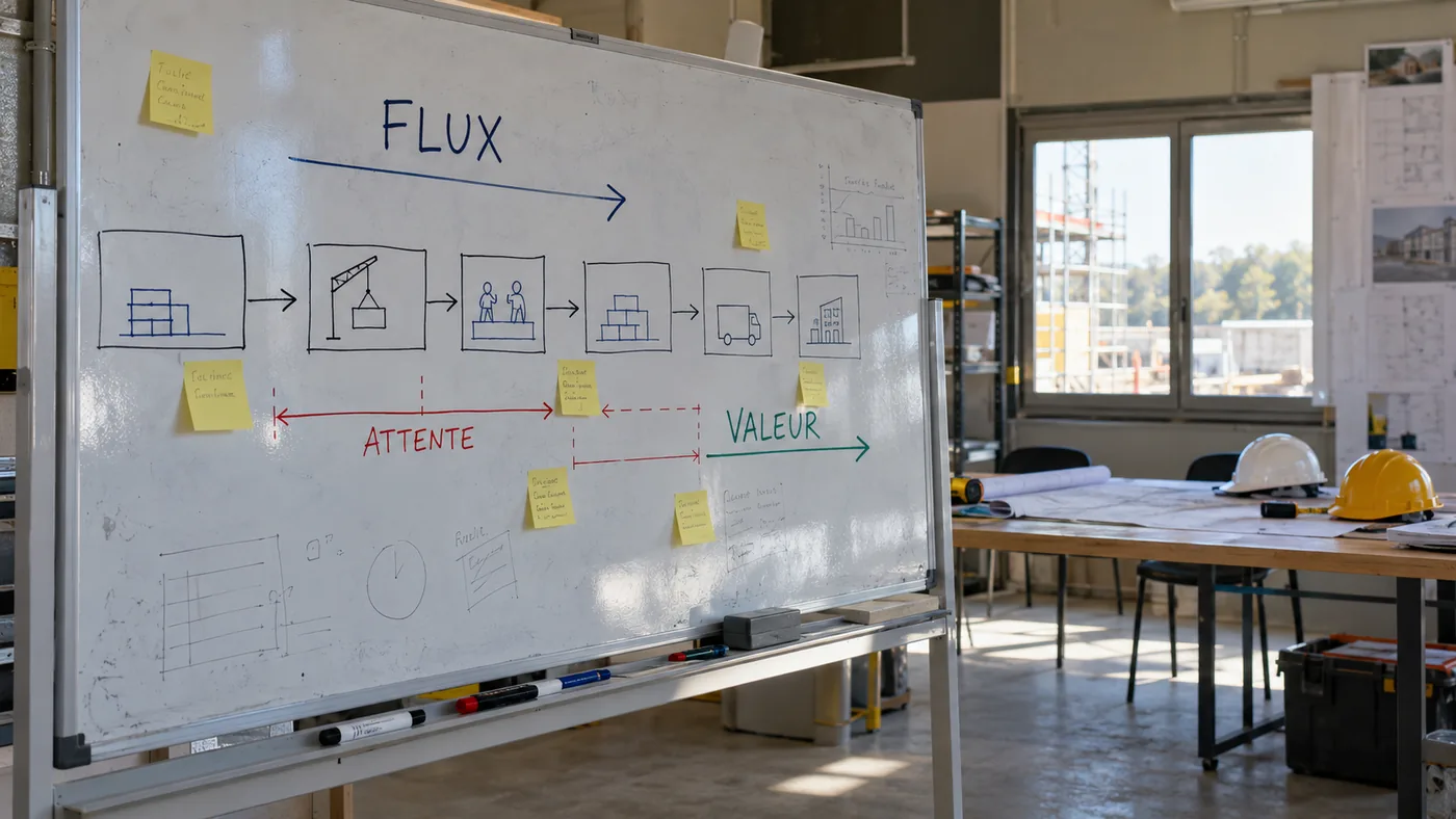 Tableau d’animation Lean et réseau de tâches affichés en salle de préparation