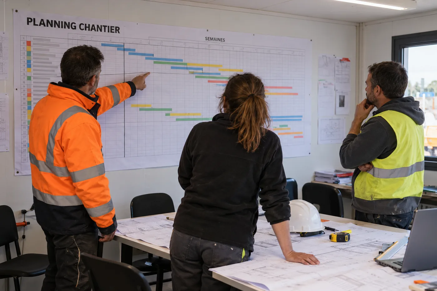 Trois conducteurs de travaux devant un planning de chantier affiché au mur dans une base vie