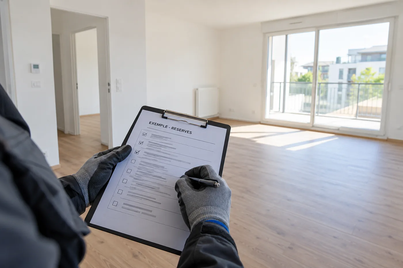 Technicien relevant des réserves sur une liste papier dans un logement neuf en cours de livraison