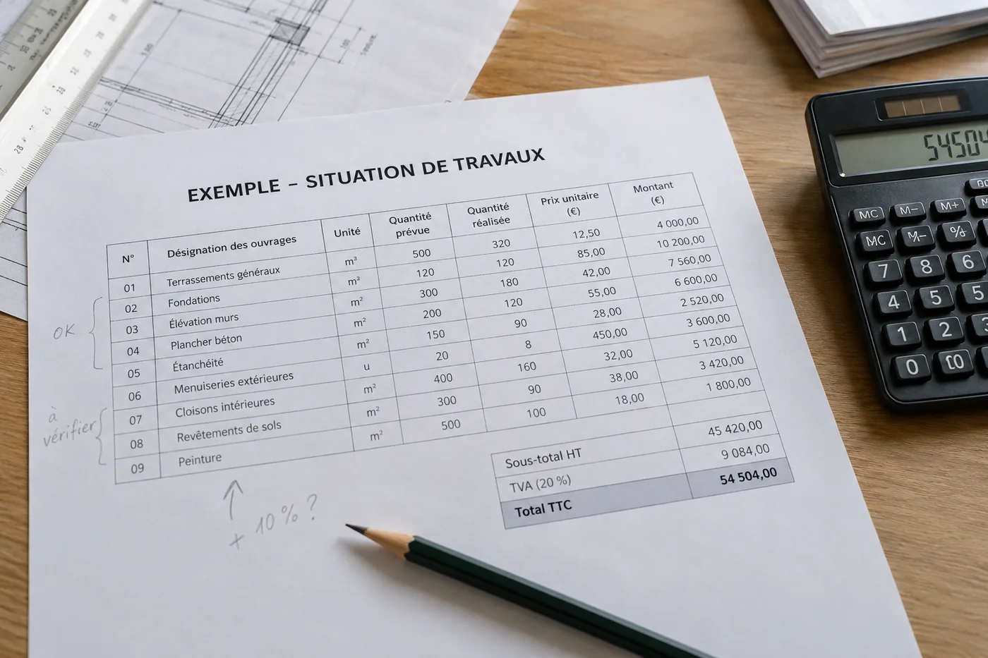 Situation de travaux et relevé d’index posés sur un bureau de chantier