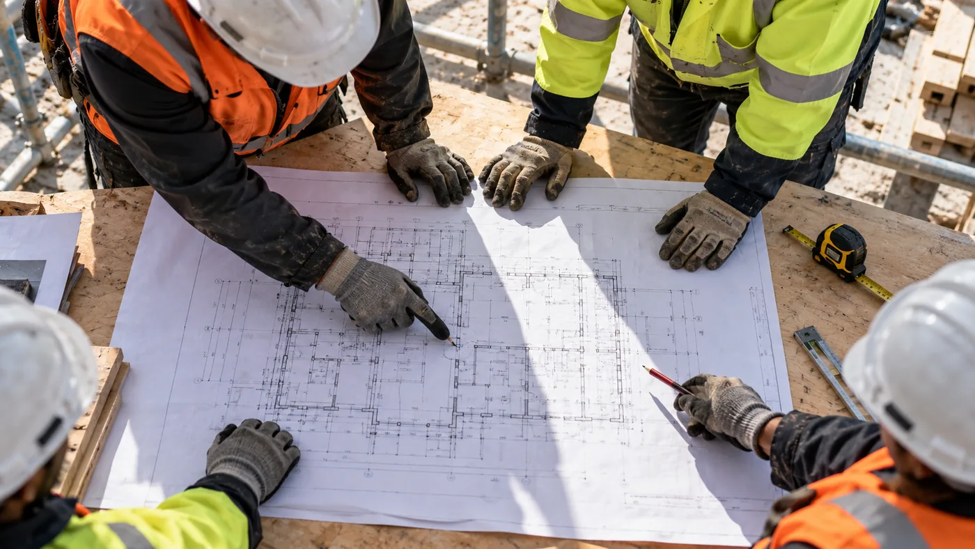 Réunion de chantier autour des plans, avec le relevé d’avancement