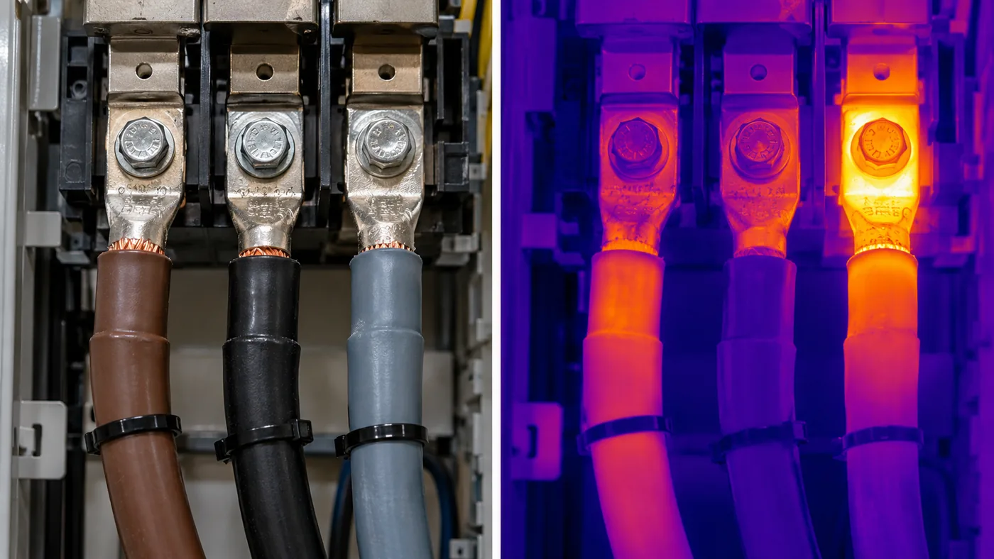 Vue visible et vue infrarouge d’un jeu de cosses de raccordement, dont une nettement plus chaude