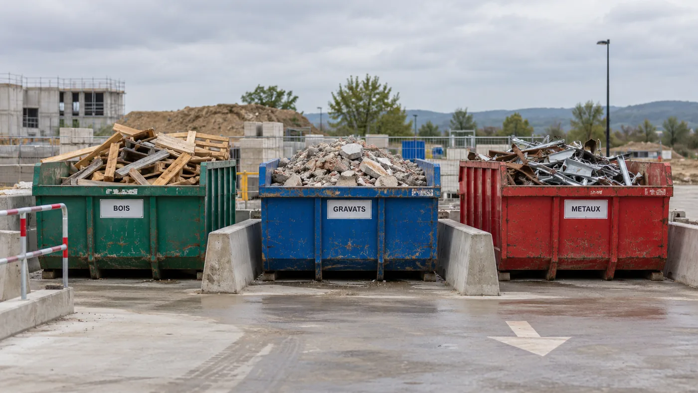 Trois bennes de tri sélectif de chantier alignées sur une aire bétonnée devant un bâtiment en construction